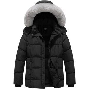 Women's Removable Hooded Warm Quilted Puffer Fur Jacket Coat Black Winter Warm